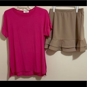 💕Womens Hot Pink Top with Cuff Sleeves and Khaki Ruffled Skirt Size Large